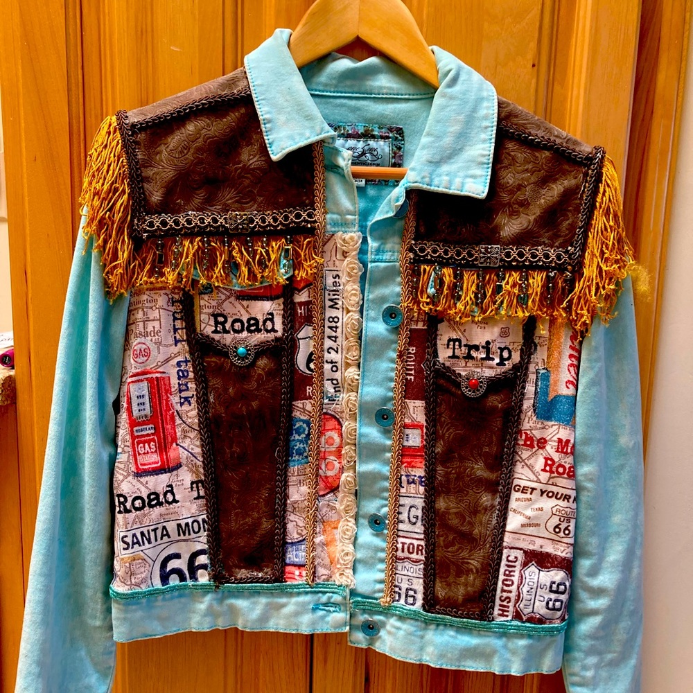 Boho New Mexico Route 66 sassy jacket. Decked out with fringe and beads.